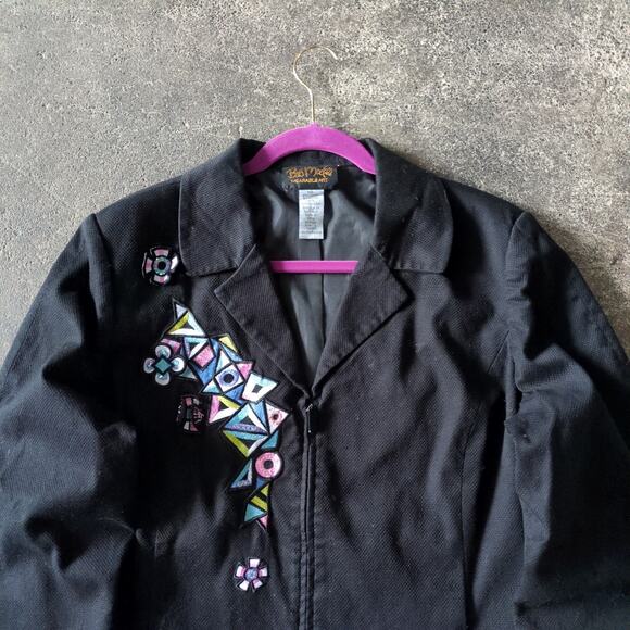 Vintage Bob Mackie Jacket Womens L Black Cottage Y2K Full Zip Coat Art Patches - Picture 2 of 9